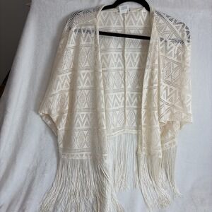 Eyeshadow XL Sheer Jacket Open Front Fringe Short Sleeve Off White Women's